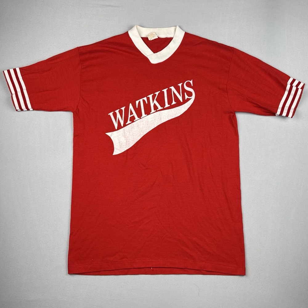 Vintage 70s Watkins Softball Jersey Shirt USA Made Red V Neck Adult L